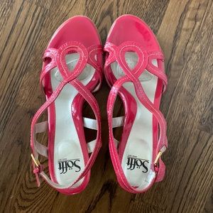 Pink wedge sandals with gold accents